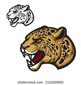 Angry Jaguar Or Leopard Cartoon Animal Mascot, Vector Beast. Roaring Wild Cat Predator Head With Fierce Fangs For Sport Team Badge, League Emblem, Tattoo Or Game Mascot