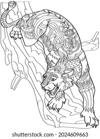 Angry Jaguar On A Tree Branch Showing Fangs Colorless Line Drawing. Large Leopard Above Trunk Hissing Coloring Book Page.
