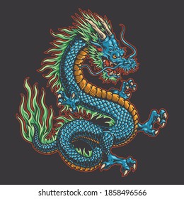 Angry Japanese Dragon Colorful Concept In Vintage Style On Dark Background Isolated Vector Illustration