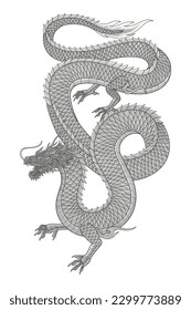 Angry japanese dragon vector vintage engraving drawing style illustration
