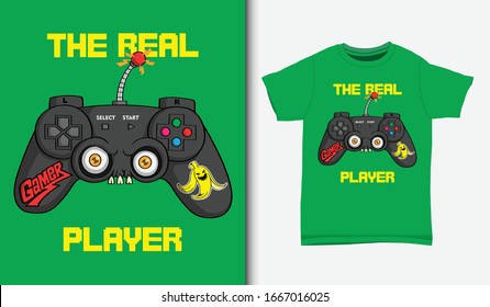 Angry joystick cartoon, with t-shirt design, Hand drawn