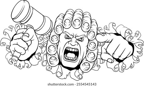 An angry judge cartoon character holding a wooden hammer gavel 