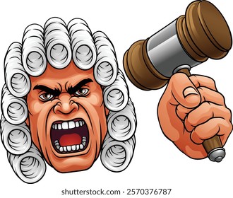 An angry judge cartoon character holding a wooden hammer gavel 