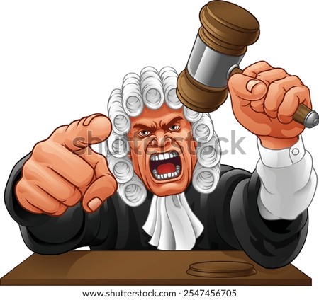 An angry judge cartoon character holding a wooden hammer gavel 