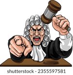 An angry judge cartoon character pointing and holding his gavel hammer 