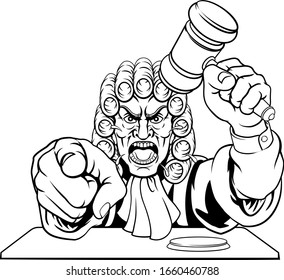 An angry judge cartoon character pointing and holding his gavel hammer 