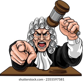 An angry judge cartoon character pointing and holding his gavel hammer 