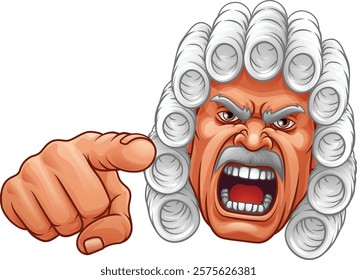 An angry judge cartoon character pointing at the viewer with his finger