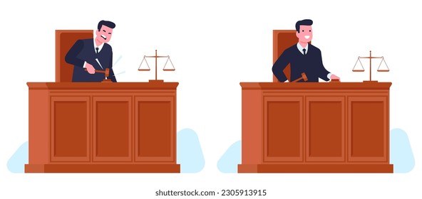 Angry judge taps gavel and joyful cheerful servant of law. Courtroom trial or tribunal. Male character make verdict in court. Cartoon flat style illustration. Vector law