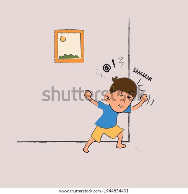 Angry kid banging his head to wall , vector ,\
illustration 