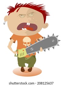 Angry kid holding a chainsaw