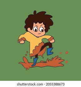 Angry Kid Stomping In Mud, Illustration, Vector For Kids Book 