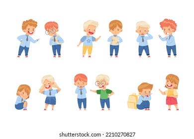 Angry Kids Bullying and Abusing the Weak Agemate Teasing and Laughing at Them Vector Set