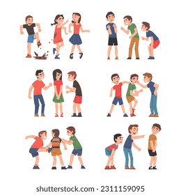 Angry Kids Bullying and Abusing the Weak Agemate Teasing and Laughing at Them Vector Set