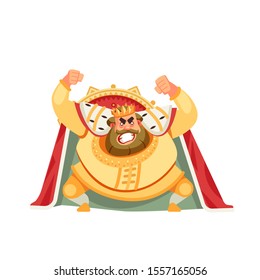 Angry king character shouting before the throne. Anger emotion, in rage, boiled,  raging, furious, frenzied, heated. Tyrant, Emperor, Monarch, medieval king. Cartoon Flat style vector illustration 