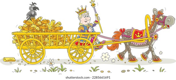 Angry king of a fairy kingdom carrying chopped firewood from a forest on an old wooden cart pulled by a funny royal horse, vector cartoon illustration isolated on a white background