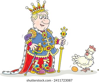 Angry king of a fairytale kingdom scolding a hen layer for very small number of eggs laid in a chicken coop, vector cartoon illustration isolated on white