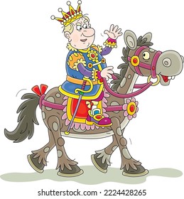 Angry king in full dress with his golden crown riding a funny spotted horse, inspecting a review, saluting troops and waving his hand in greeting, vector cartoon illustration on a white background
