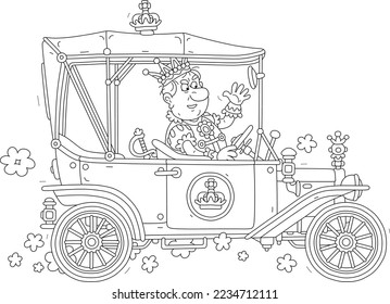 Angry king in a golden crown driving his old car decorated for a solemn ceremony, black and white outline vector cartoon illustration for a coloring book