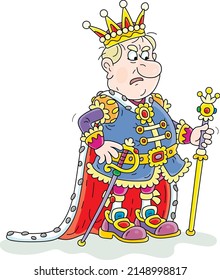 Angry king in a golden crown and solemn royal attire at a palatial ceremony in a palace, vector cartoon illustration isolated on a white background