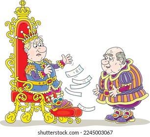 Angry king in a golden crown and solemn royal attire sitting on his throne in a palace and discussing new state laws with a fat bald-headed government prime minister, vector cartoon