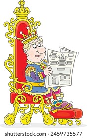 Angry king in a golden crown and solemn royal attire sitting on his throne and reading a latest newspaper in a throne-room of a fairytale palace, vector cartoon illustration on a white background