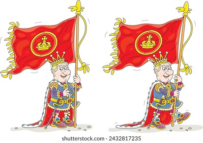 Angry king grinning wickedly and marching with his royal flag at a victory military parade on a holiday in a fairytale kingdom, vector cartoon illustrations on a white background