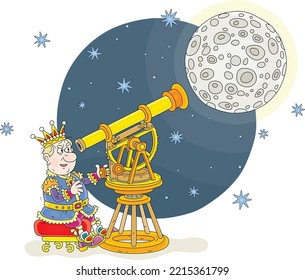 Angry king in his golden crown watching the Moon in the night starry sky through an old telescope, vector cartoon illustration on a white background