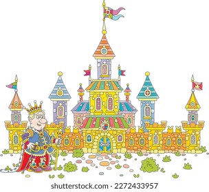 Angry king and his royal castle with high towers and waving royal flags, defensive stone walls and gates, vector cartoon illustration isolated on a white background