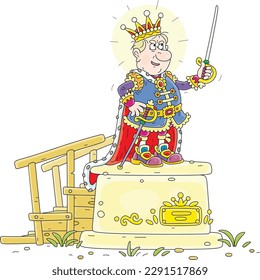 Rey furioso con su espada en un majestuoso pedestal de granito, ilustración de caricatura vectorial aislada en un fondo blanco