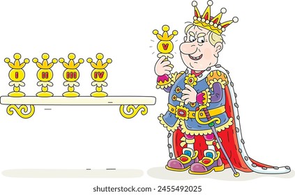 Angry king with an insidious smile putting his golden prize for his next royal reign on a shelf with a collection of previous awards for ruling a fairytale kingdom, vector cartoon illustration