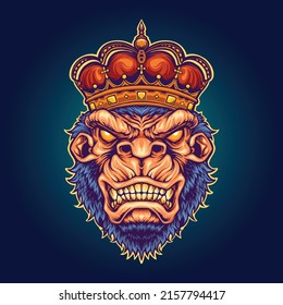 Angry king kong with gorilla crown ornate vector illustrations for your work logo, merchandise t-shirt, stickers and label designs, poster, greeting cards advertising business company or brands