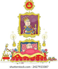 Angry king lying in a magnificent bed with midnight insomnia reflecting on his incredible greatness under his big formal portrait in a bedroom of a royal palace in a fairytale kingdom, vector cartoon