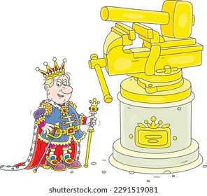 Angry king at a majestic golden monument to a vise and a hammer as symbols of royal power in his fairytale kingdom, vector cartoon illustration isolated on a white background