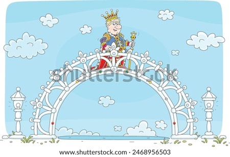 Angry king on a crystal royal bridge walking and enjoying a new beautiful architectural construction for solemn ceremonies, parades and holidays in a fairytale kingdom, vector cartoon illustration