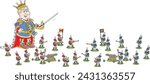 Angry king playing with toy soldiers and leading his small army to attack in a fun war game on an imaginary battlefield in a courtyard of a royal palace in a fairytale kingdom, vector cartoon illustra