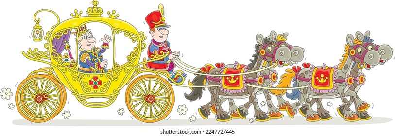 Angry king riding in his golden ceremonial carriage pulled by four funny royal horses, vector cartoon illustration isolated on a white background