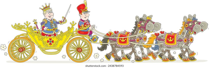 Angry king riding in his golden ceremonial carriage pulled by four funny royal horses at a festive military parade, vector cartoon illustration isolated on a white background