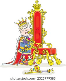 Angry king shaking in fear and hiding behind his golden royal throne in a luxury palace of a ruler of a fairy tale kingdom, vector cartoon illustration isolated on a white background