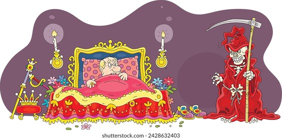 Angry king shaking with fear and hiding under the blanket in his bed from creepy Death with its terrible scythe at dark midnight in a fairytale royal palace, vector cartoon illustration