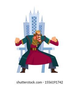 Angry king shouting character sits on the throne. Anger emotion, in rage, emoji, emoticon. Tyrant, Emperor, Monarch, ruler, medieval king. Cartoon Flat style vector illustration 