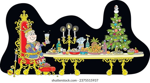 Angry king sitting alone on his golden throne and drinking a sparkling wine at a rich festive table with various tasty dishes and drinks, vector cartoon illustration isolated on a white background