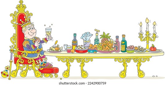 Angry king sitting on his golden throne and drinking a sparkling wine at a rich festive table with various tasty dishes and drinks, vector cartoon illustration isolated on a white background