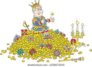 Angry king sitting on a large pile of gold coins and jewels from royal treasury and enjoying his incredible wealth, vector cartoon illustration isolated on a white background