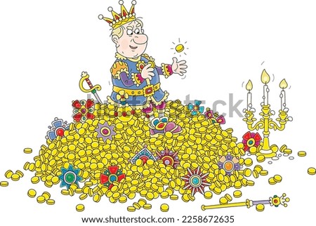 Angry king sitting on a large pile of gold coins and jewels from royal treasury and enjoying his incredible wealth, vector cartoon illustration isolated on a white background