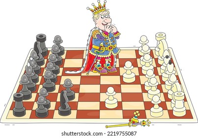 Angry king standing on a large chessboard and considering his next move in a chess game, vector cartoon illustration on a white background