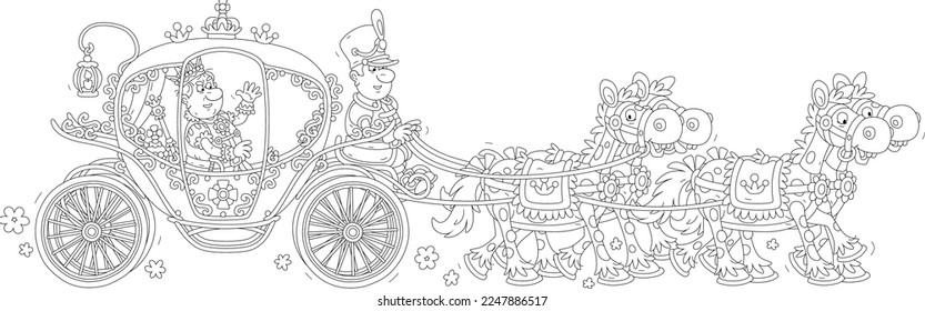 Angry king traveling through a fairy-tale kingdom in his golden ceremonial carriage pulled by four funny royal horses, black and white outline vector cartoon illustration for a coloring book