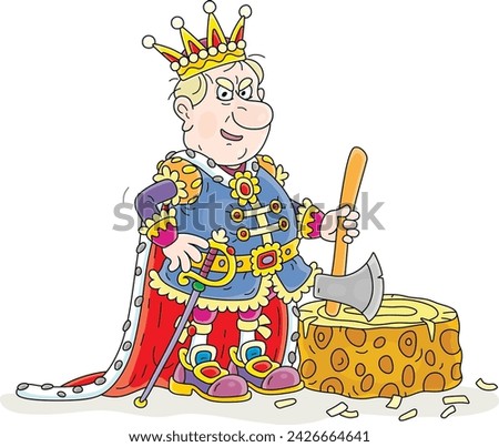 Angry king with a wicked grin holding an ax near a big tree stump, vector cartoon illustration isolated on white