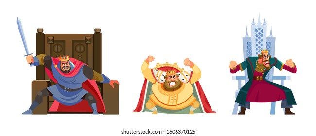 Angry kings shaking fist with an furious expression. Cartoon, flat vector illustration isolated in white background.