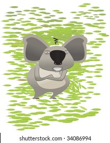 Angry Koala Bear on a background of eucalyptus leaves. Character and background are on different layers and can be used individually.